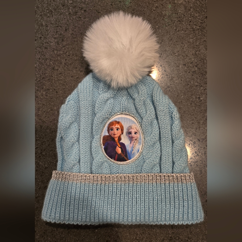 Disney Frozen Light Blue Cable Knit Hat with White Pom Pom
